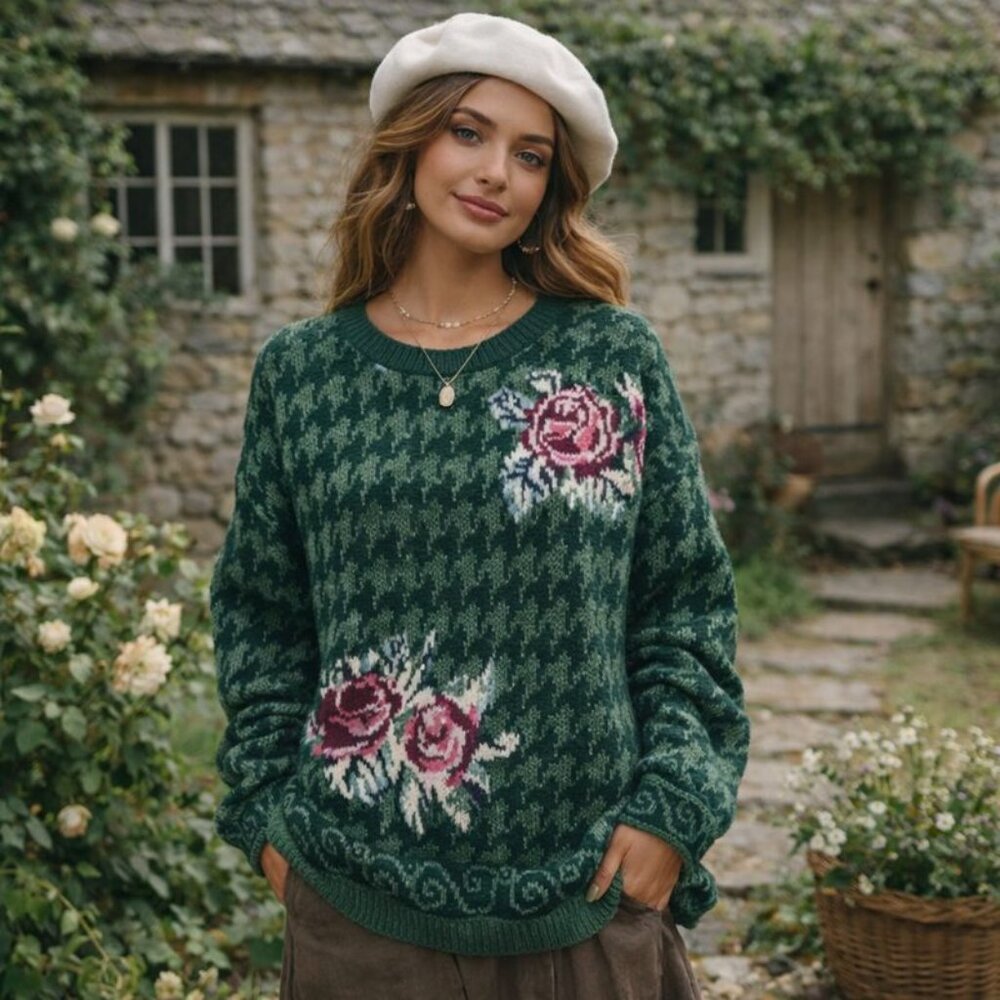 Vintage Paris Sport Club Floral Chunky Knit Sweater Small Hand Knit Cottage Folk